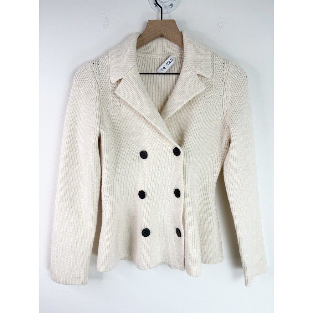 The Fold London Peplum Sweater Jacket (Sz 4) Cream Merino Wool Toscano Knitted